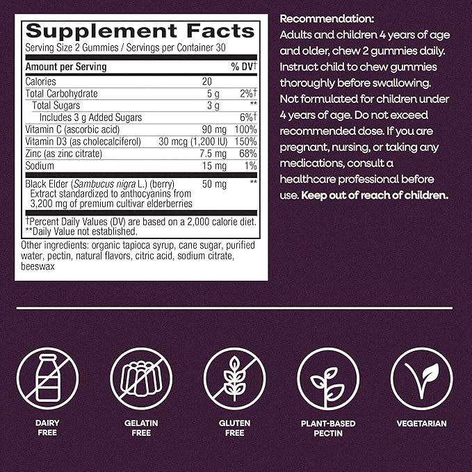 Nature's Way Sambucus Elderberry Gummies, Immune Support Gummy for Adults & Kids Ages 4+ with Black Elderberry Extract, Vitamin C, Vitamin D3, and Zinc*, 60 Gummies (Set of 3)