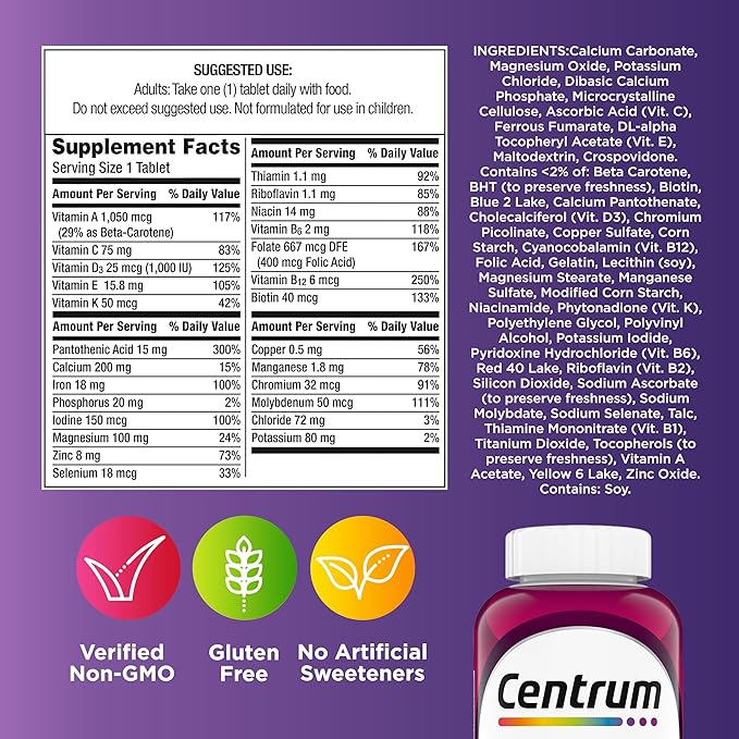 Centrum Multivitamin for Women, Multivitamin/Multimineral Supplement with Iron, Vitamin D3, B Vitamins and Antioxidant Vitamins C and E, Gluten Free, Non-GMO Ingredients - 120 Count