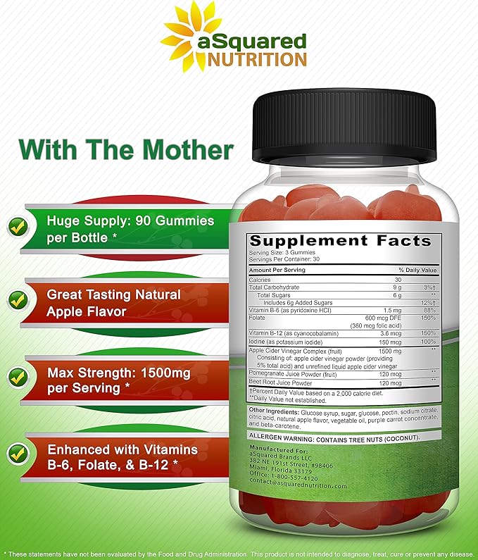 aSquared Nutrition Apple Cider Vinegar Gummies - 1500mg Per Serving - with The Mother - 90 ACV Gummies w/Vitamin B6 & B12, Folic Acid - Vegan Gummy Supplement Alternative to Capsules Pills & Drink