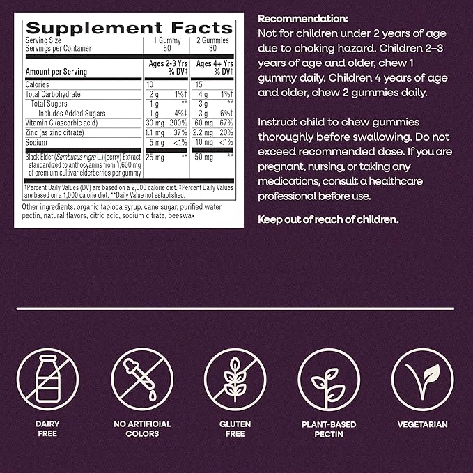 Nature’s Way Sambucus Kids Elderberry Immune Gummies with Black Elderberry Extract, Daily Immune Support Gummy with Vitamin C and Zinc for Children Ages 2+*, 60 Gummies