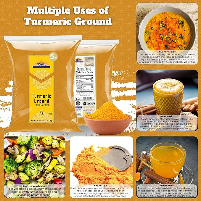 Rani Turmeric (Haldi) Root Powder Spice, (High Curcumin Content) 80oz (5lbs) 2.27kg Bulk ~ All Natural | 100% Pure, Salt Free | Vegan | Gluten Friendly | NON-GMO | Kosher | Indian Origin
