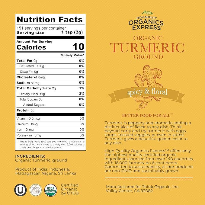 HQOExpress Bulk Organic Ground Turmeric Powder – 5 lb Value Bag (80 oz) USDA Organic | Non-GMO | Kosher | Sustainably Grown | Lab Tested | Legacy Brand Since 1977