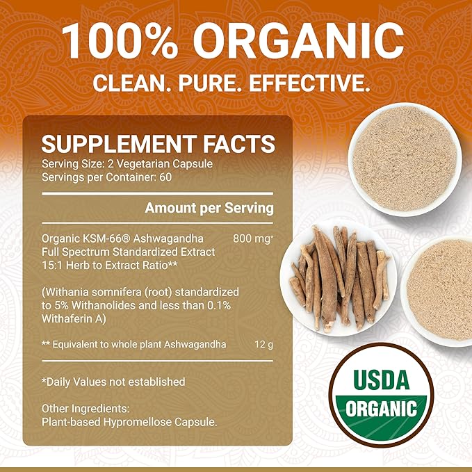 True Veda USDA Organic KSM-66 Ashwagandha Supplements | Organic Ashwagandha for Women & Men | High Strength KSM 66 Capsules | Premium Aswagandha | Ashwaganda Root Extract | 60 Capsules