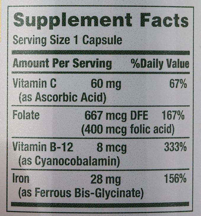 Nature’s Bounty Gentle Iron 28 mg Capsules with Vitamin C,Folic Acid,Vitamin B-12 Iron Supplement,Non-GMO,Gluten-Free,90 Count (Pack of 2)