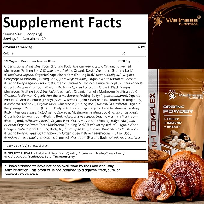 WELLNESS LABSRX Mushroom Powder, 25 in 1 Mushrooms Supplement - 2000mg, 25 Superfood Mishroom Lions Mane Powder with Chaga, Shiitake, Cordyceps, Reishi - Lion's Mane Mushroom - Pack of 2