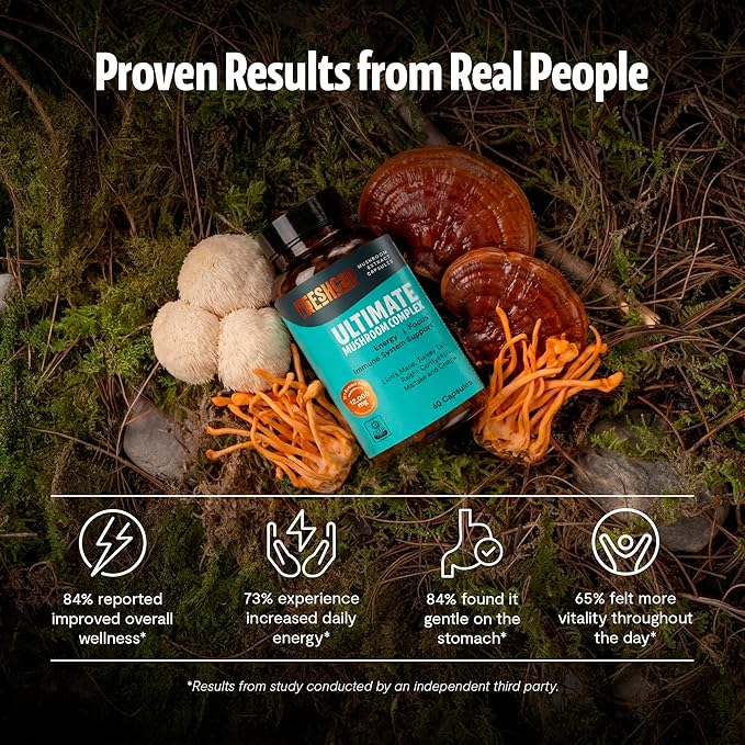 FreshCap Mushrooms Ultimate Mushroom Supplement 12,000mg - Nootropic Mushroom Complex Capsules, Organic Mushrooms Supplement, Nootropic Brain Supplements for Memory and Focus Ayurveda (60 Capsules)