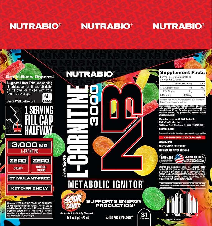 NutraBio L-Carnitine Liquid Shots 3000mg (Sour Candy) 10mg of Vitamin B-5 Zero Carbs & Sugars Energy Production Muscle Recovery