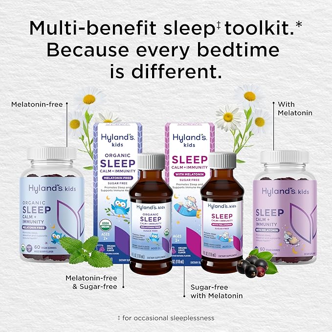 Hyland's Kids Sleep Calm & Immunity with Melatonin, Sugar-Free Sleep Aid Liquid with Magnesium, Vitamin D, Zinc & Elderberry, Promotes Sleep & Supports Immune Health, Ages 2+, Grape Flavor, 4 Fl. Oz.