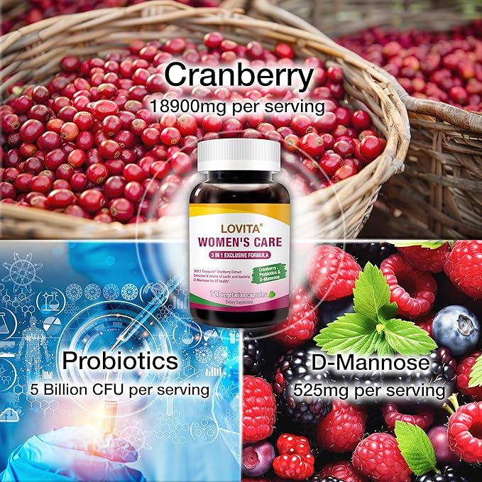 LOVITA Women's Care Supplement with D-Mannose, Cranberry & Probiotics - Supports Urinary Tract Health, 120 Vegetarian Capsules
