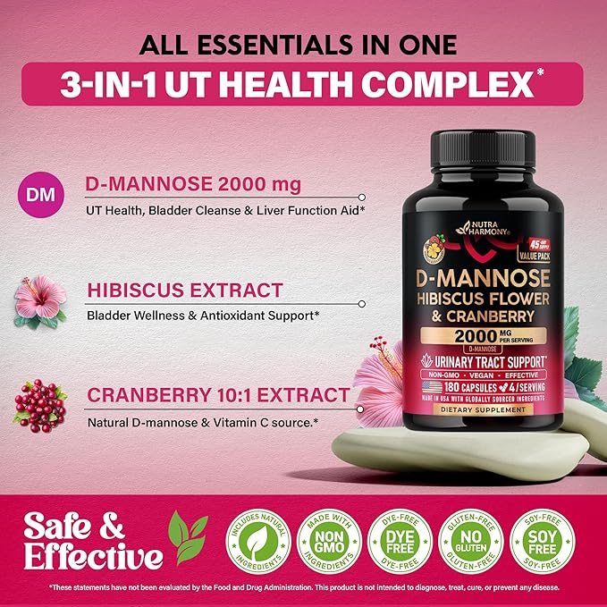 NUTRAHARMONY D-Mannose 2000mg with Cranberry & Hibiscus - Clinically Tested Strength for Urinary Tract Health - Supplement for Women - Bladder, Liver & Microflora Support - Vegan, 180 Capsules