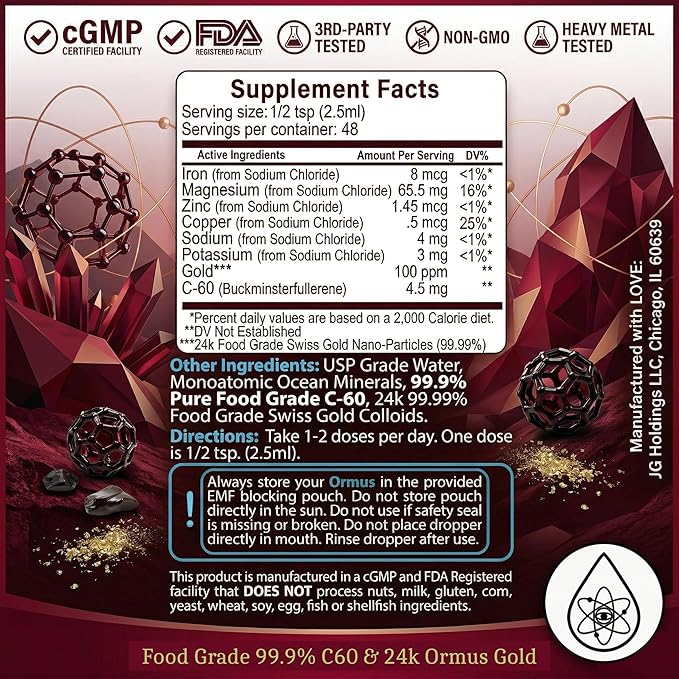 Atomic ORMUS Fusions C60 Monoatomic Gold – 4oz Liquid, 99.9% Pure C60 Carbon 60 + 24k Gold ORMUS, Solvent Free, Energy & Longevity Supplement