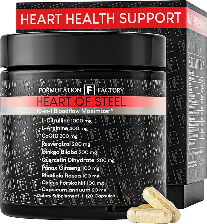 Formulation Factory Heart of Steel Nitric Oxide Supplement - L Citrulline & L Arginine Blood Pressure Supplements - Natural Pre-Workout: Energy Management - 120 Capsules, 1 Month Supply