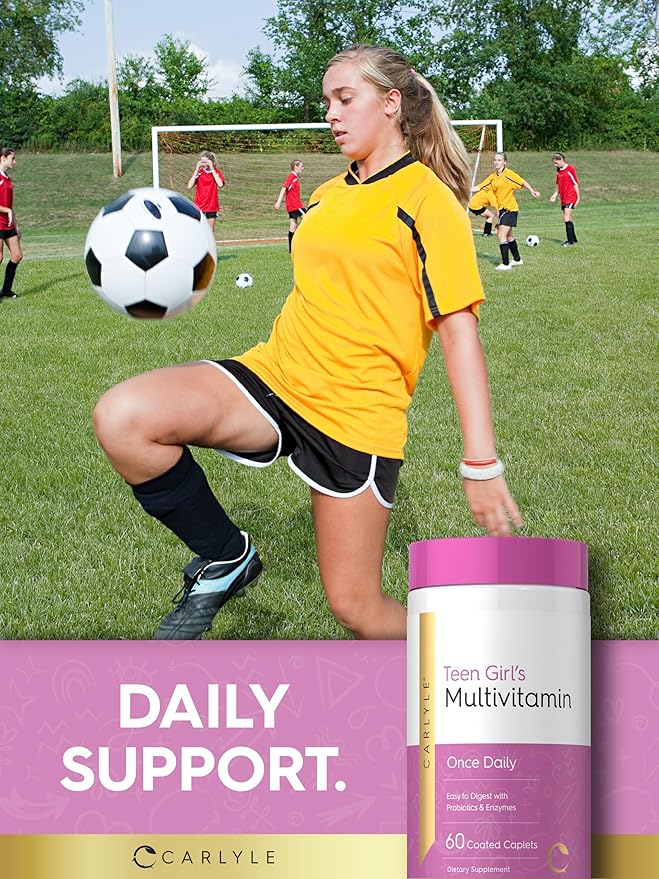 Carlyle Teen Multivitamin for Girls | 60 Caplets | Once Daily | Easy to Digest with Probiotics & Enzymes | with Iron | Non-GMO, Gluten Free