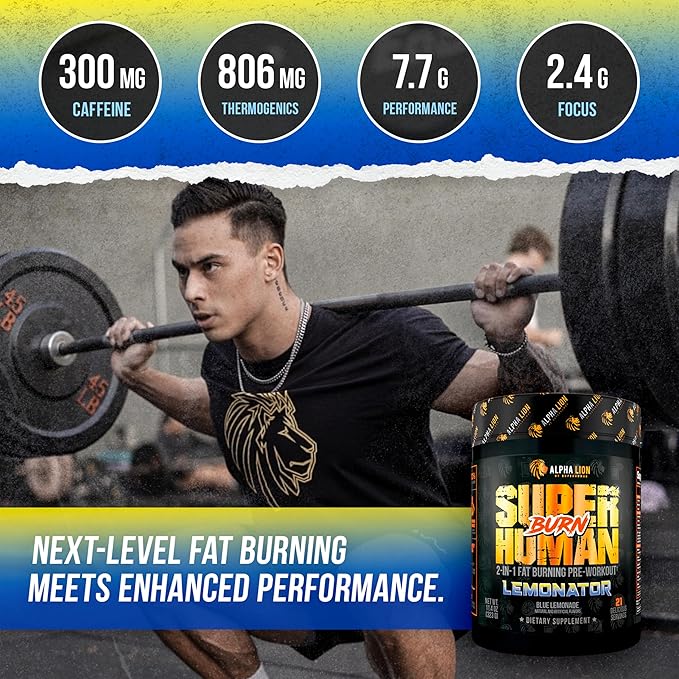 ALPHA LION Superhuman Burn – 2 in 1 Metabolism Booster Pre Workout and Thermogenic Fat Burner for Men – Appetite Suppressant and Weight Loss Supplement (21 Servings, Lemonator)
