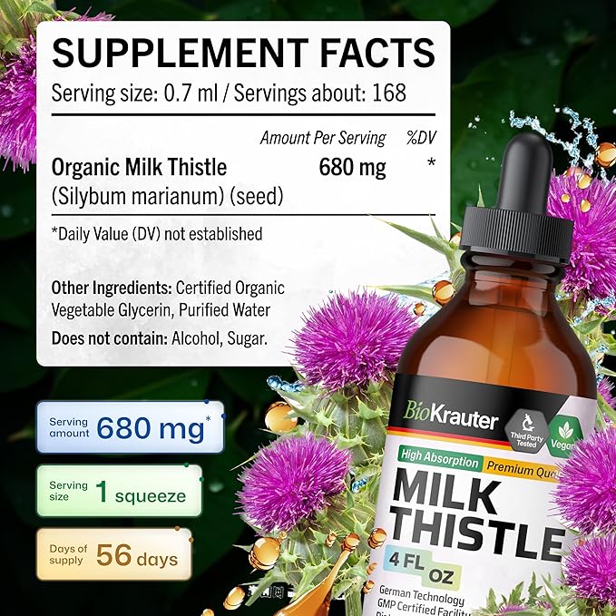 BIO KRAUTER® Milk Thistle Supplement - Liquid Pure Vegan Milk Thistle Extract 680 mg per Serving 4 Fl.Oz 56 Days of Supply - Liver Cleanse & Detox, Сontains Silymarin - Alcohol & Sugar Free