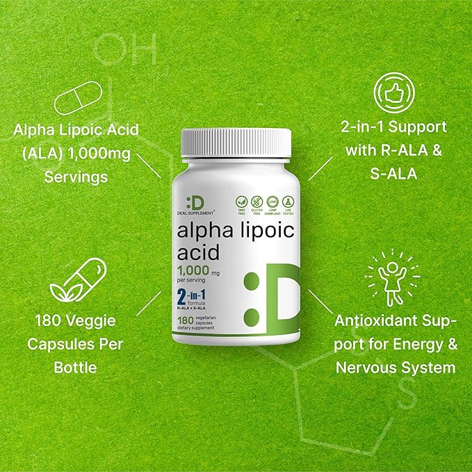 Alpha Lipoic Acid 1,000mg, 180 Veggie Capsules – 50/50 R-ALA & S-ALA for Max Bioavailability – Antioxidant Supplement – Energy & Nervous System Support – Non-GMO