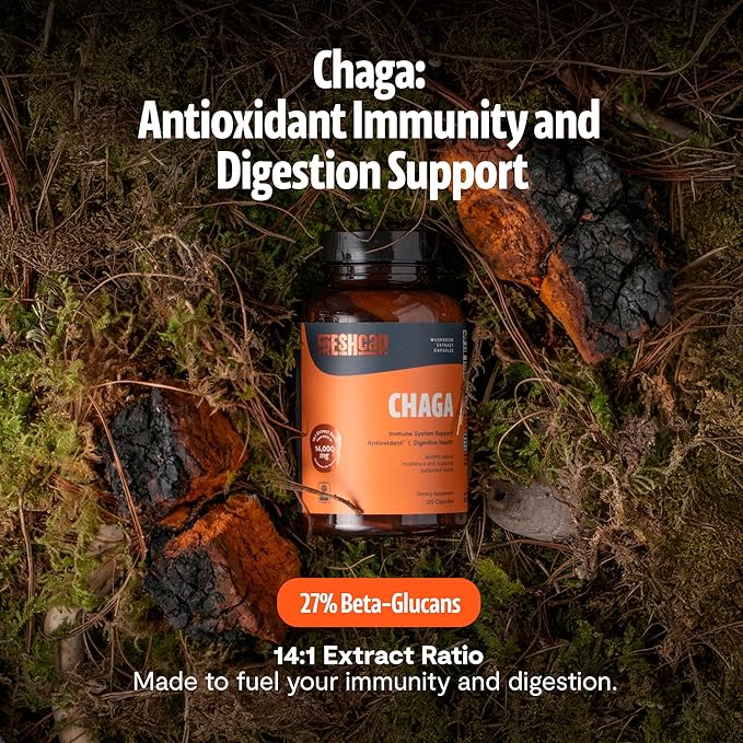FreshCap Organic Mushroom Capsules Supplement - Fruiting Body Extract (Chaga, 120 Capsules)