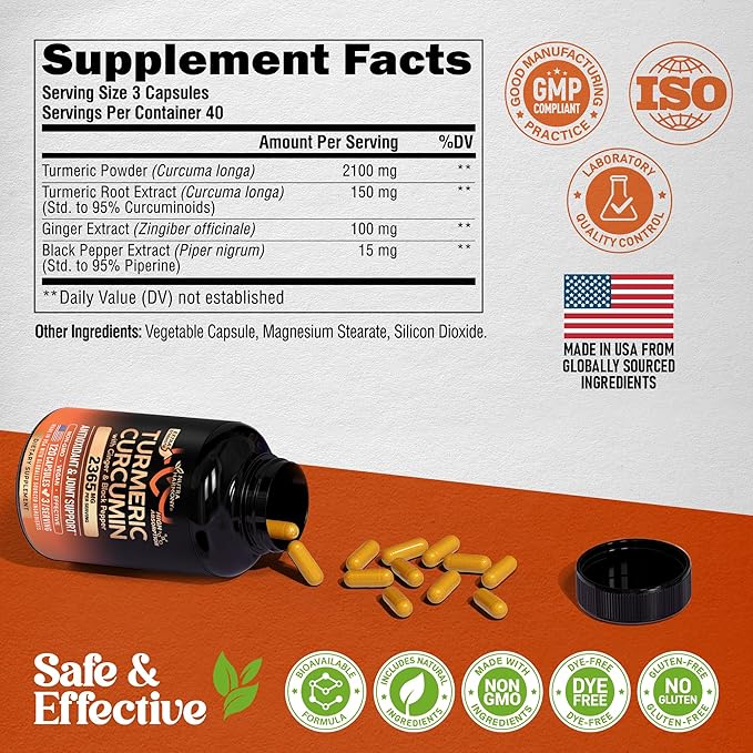 Turmeric Curcumin Supplement 2365 mg - Turmeric with Ginger & Black Pepper - Highly Bioavailable & Extra Strength 95% Curcuminoids - Antioxidant, Immunity & Joint Support - Made in USA - 120 Capsules