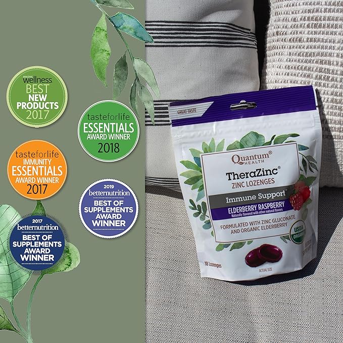 Quantum Health TheraZinc Organic Zinc Lozenges, Elderberry Sambucus Raspberry & Honey, Immune Support for Adults & Kids 12+, Fast Relief, No Aftertaste, 18 Count (Package May Vary) (Pack of 2)