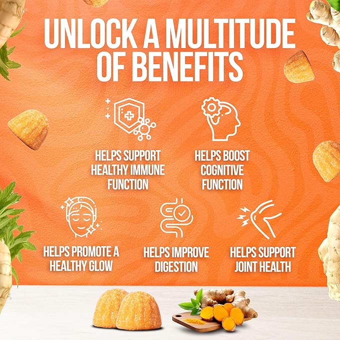 Curcumin Turmeric Gummies – 2000mg Turmeric Extract and Ginger Supplement Gummies – Vegan, Non-GMO, with Black Pepper – 60 Count – Peach Flavor – 30-Day Supply