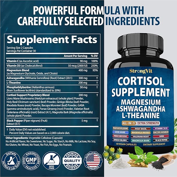 StrongVit Cortisol Supplements for Women and Men with Magnesium, Ashwagandha & L-Theanine. High Cortisol Reducer, Manager, Detox, Lower and Control. Sleep Support & Stress Relief, USA