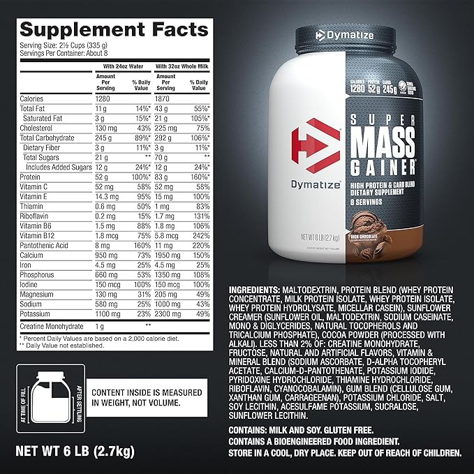 Dymatize Super Mass Gainer Protein Powder, Rich Chocolate, 52g Protein, 1g Creatine, 1280 Calories, 10.7g BCAAs, 245g Carbs, Contains Whey Protein Powder, Isolate, and Casein (8 Servings)