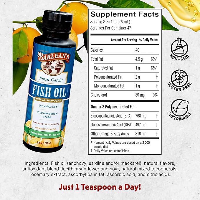 Barlean's Omega 3 Fish Oil Liquid Supplement, 1262mg EPA and DHA Fatty Acids, Non-GMO and Gluten Free, Orange Flavor, 8 oz