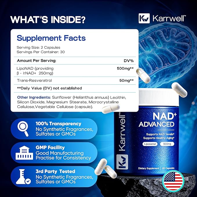 NAD+ Advanced 500MG Liposomal NAD+ with Resveratrol - NAD Supplement for Men & Women - NMN Alternative for Cellular Energy & Healthy Aging - 60 Capsules, 30 Day Supply