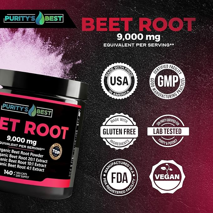 Purity's Best Beet Root Capsules, 140 Veggie Pills, Supports Blood Circulation - Helps Nitric Oxide Production, Beet Root Extract, Pure, Non-GMO