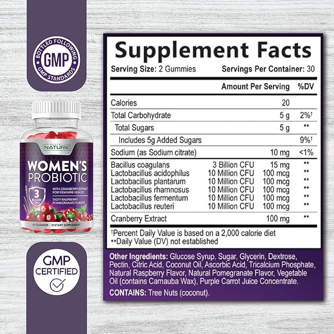 Built by Nature Probiotics for Women Gummies 3 Billion CFU, 6 Probiotic Strains with Cranberry Supplement, Digestive, Immune, Vaginal & Urinary Health, Shelf Stable, 60 Gummy