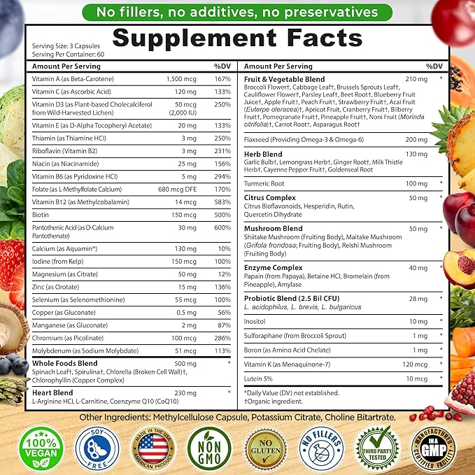 Vegan Whole Food Daily Multivitamin Without Iron, Methylated Multivitamin for Women and Men, Made with Fruits & Vegetables, B-Complex, Probiotics, Enzymes, CoQ10, Omegas, Turmeric, Non-GMO, 180 Count