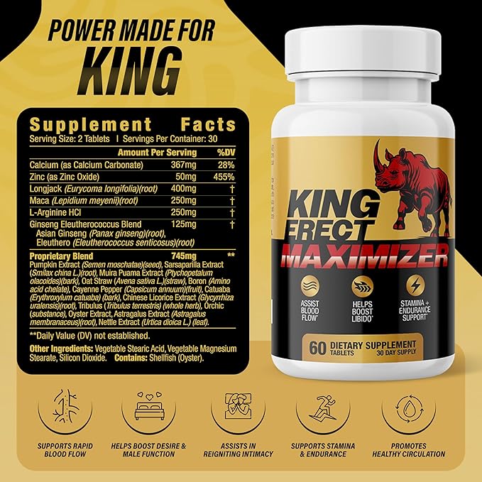 King Erect Maximizer - Enlargement Pills for Men - Fast Acting Blood Flow Support & Circulation Support - Supplement for Intimacy, Girth, Size, Stamina Loss - 60 Tablets for Male Vitality