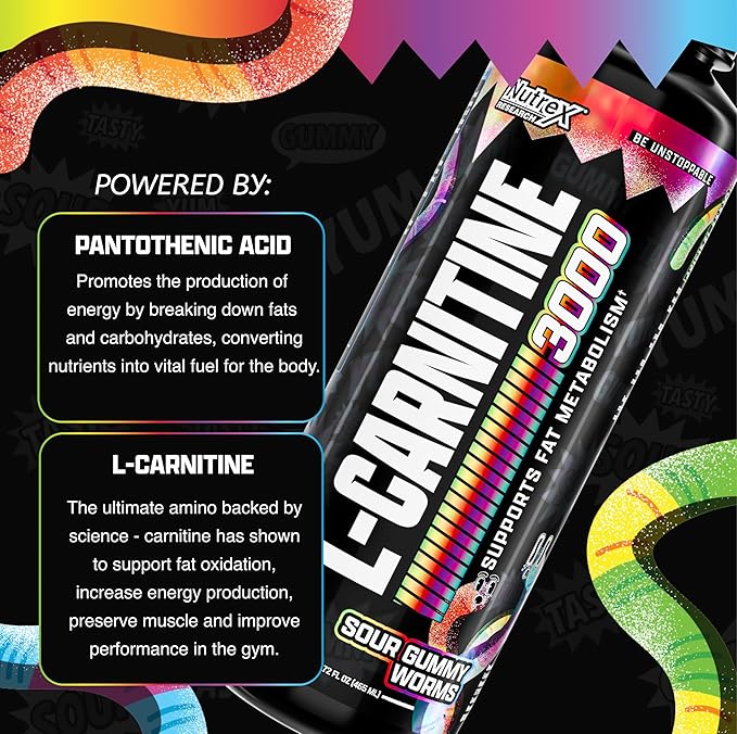Nutrex Research Liquid L Carnitine 3000 – Sour Gummy Worms | L-Carnitine Liquid Shots, Stimulant Free | Supports Muscle Recovery for Men and Women - 31 Servings
