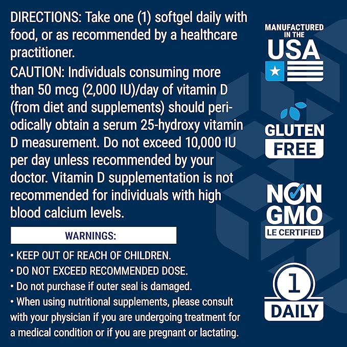 Life Extension Vitamin D3 175 mcg (7000 IU), Immune System Support, Bone Health, Brain Performance, Gluten-Free, Non-GMO, Once Daily, Two-Month Supply, 60 softgels