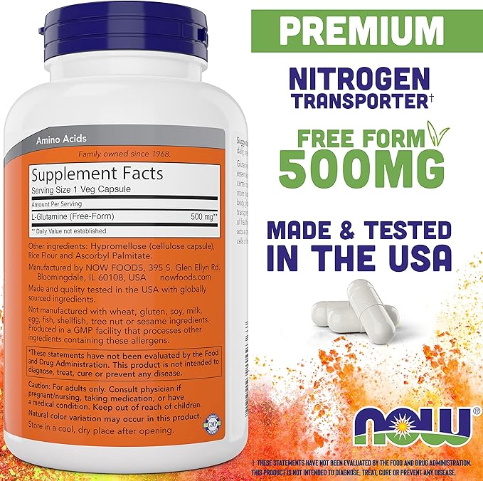 Now L-Glutamine 500mg 300 Veg Capsules (Pack of 2) - Non-GMO Supplement - Vegan Lglutamine 500 mg Caps