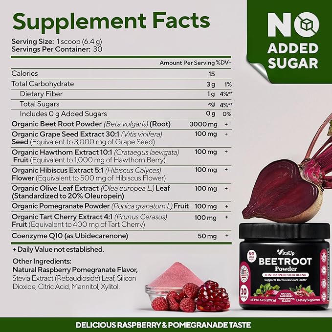 Beet Root Powder 8 in 1 – USA Made Beets Powder Supplements with Grape Seed, Hawthorn, Coq10 – with Organic Beetroot for Energy & Circulation Support – Non-GMO, 30 Serving