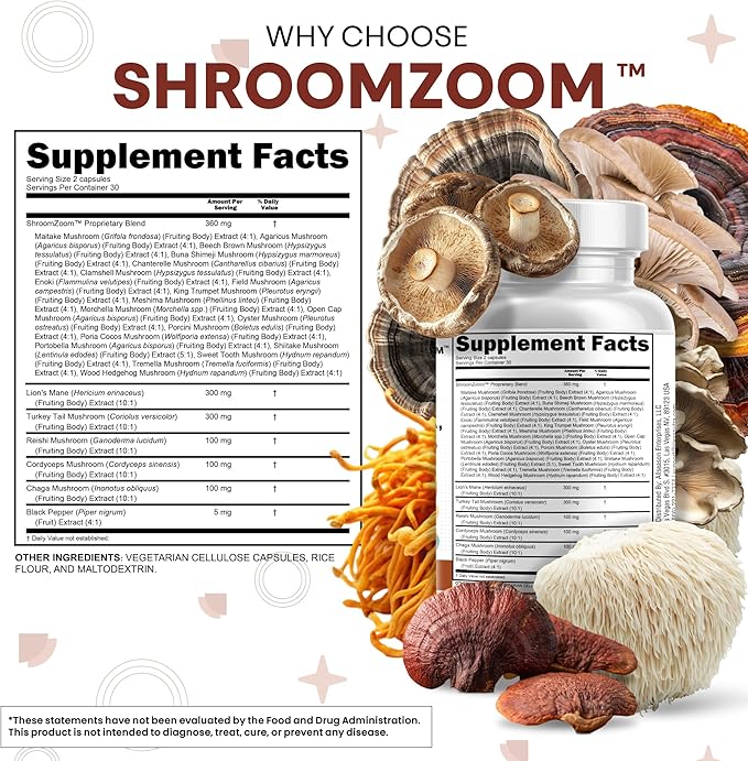 Clean Nutraceuticals Lions Mane 20in1 Mushroom Supplement with Turkey Tail Reishi Cordyceps Chaga Maitake Meshima Poria Cocos Shiitake Oyster Porcini Enoki - 3Pack