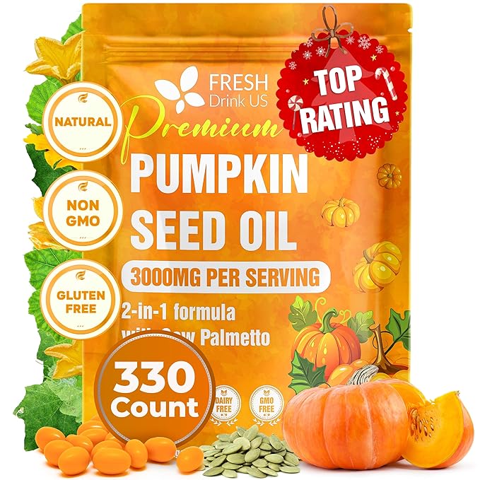 FreshDrinkUS, 330 Premium Pumpkin Seed Oil Softgels with Saw Palmetto, 3000mg Per Serving, Cold Pressed, Pure Virgin Oil, Great Hair Support, Non-GMO, Gluten-Free.