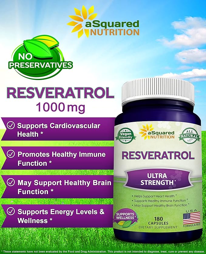 100% Natural Resveratrol - 1000mg Per Serving Max Strength (180 Capsules) Antioxidant Supplement, Trans-Resveratrol Pills for Heart Health & Pure, Polyphenols (Pack of 2)