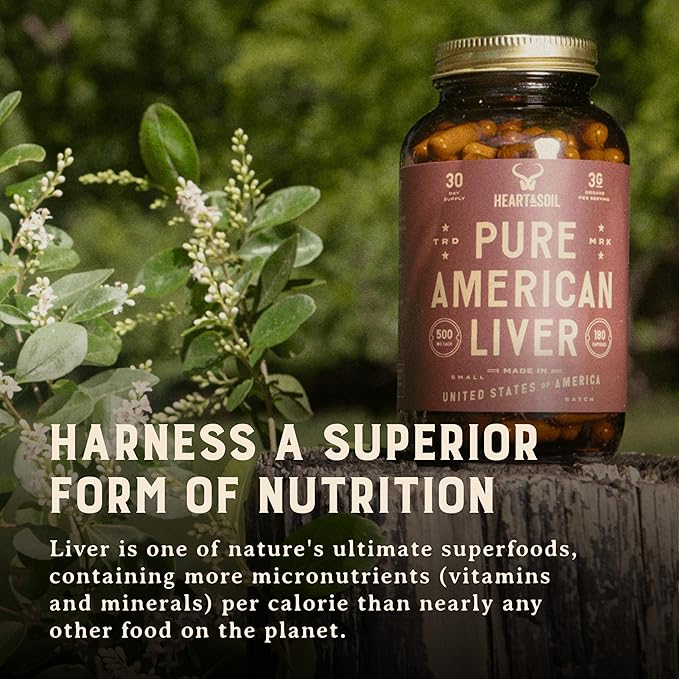 HEART & SOIL 100% Grass Fed & Finished Pure American Beef Liver Supplement from Pasture-Raised Cattle – Beef Liver Capsules – Nature’s Ultimate Superfood – Made in USA – Glass Bottle – 180 Capsules
