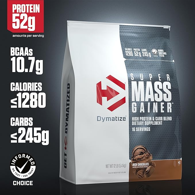 Dymatize Super Mass Gainer Protein Powder, Rich Chocolate, 52g Protein, 1g Creatine, 1280 Calories, 10.7g BCAAs, 245g Carbs, Contains Whey Protein Powder, Isolate, and Casein (16 Servings)
