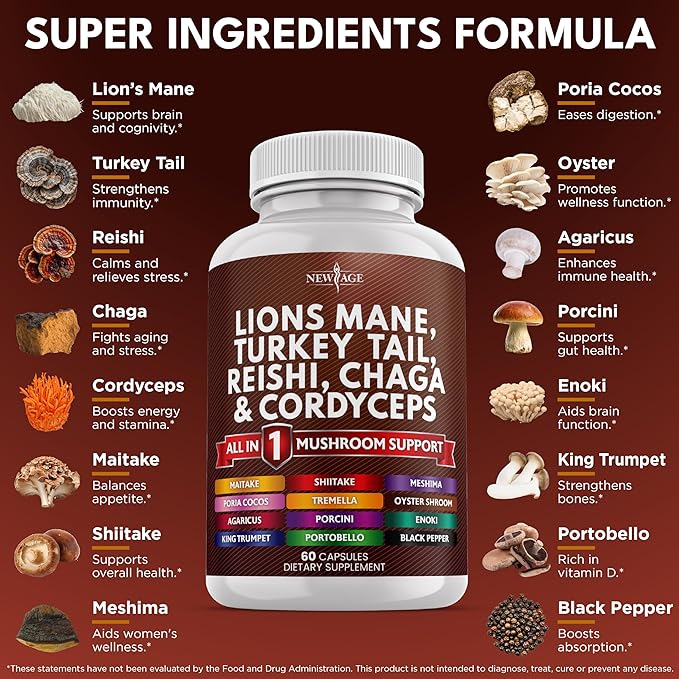 NEW AGE Lions Mane Mushroom Supplement with Turkey Tail Reishi Cordyceps Chaga with Marshmallow Root - 120 Count