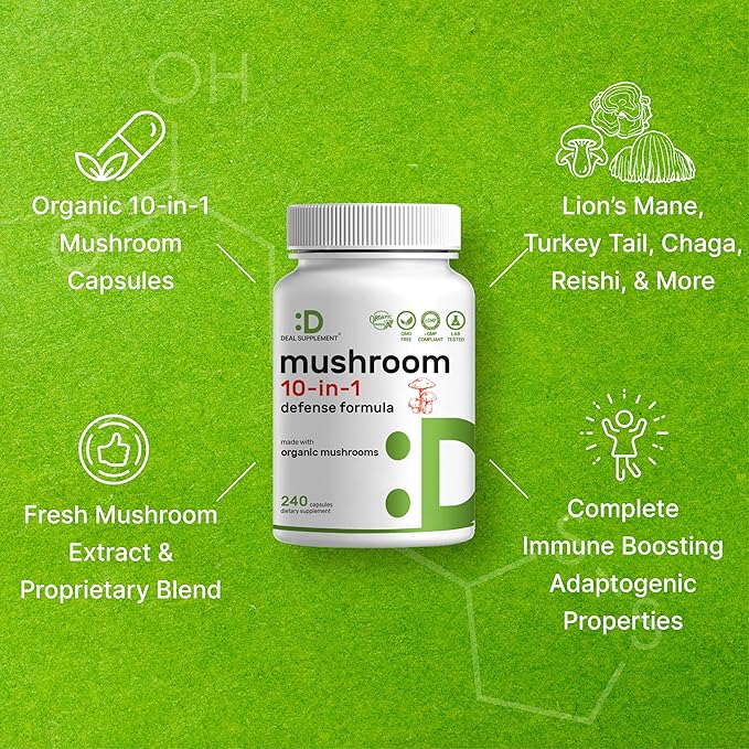 Organic 10-in-1 Mushroom Supplement, 240 Capsules – Lions Mane, Turkey Tail, Reishi, Cordyceps & More Mushroom Complex – Immune, Energy & Nootropic Brain Support – Non-GMO