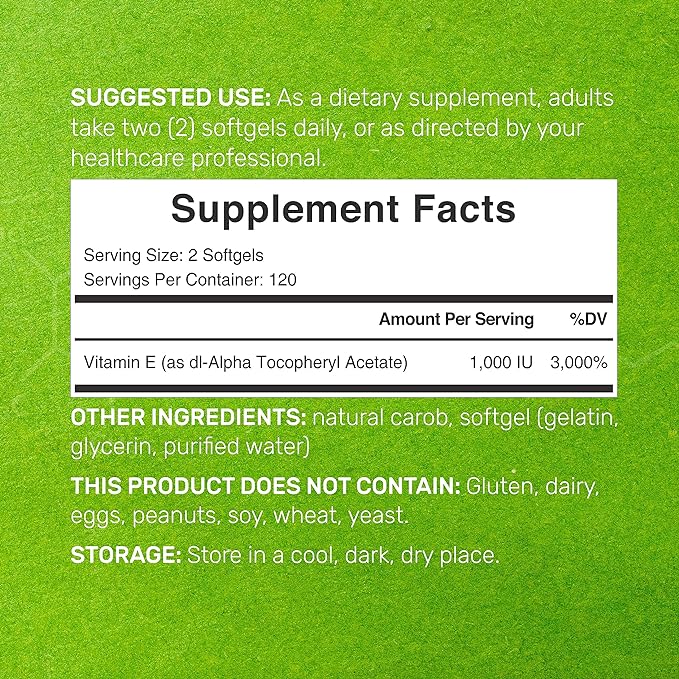 Vitamin E Supplements, 1,000 IU Per Serving, 240 Softgels – Extra Strength Antioxidant Protection – Bioavailable Stable Form – Skin, Heart, Brain, & Immune Support – Non-GMO