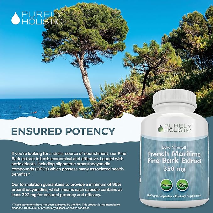 Purely Holistic Pine Bark Extract 350mg 180 Vegan Capsules 95% Proanthocyanidins - French Maritime Pine Bark Extract - Non GMO & Pesticide Free Antioxidant Supplement