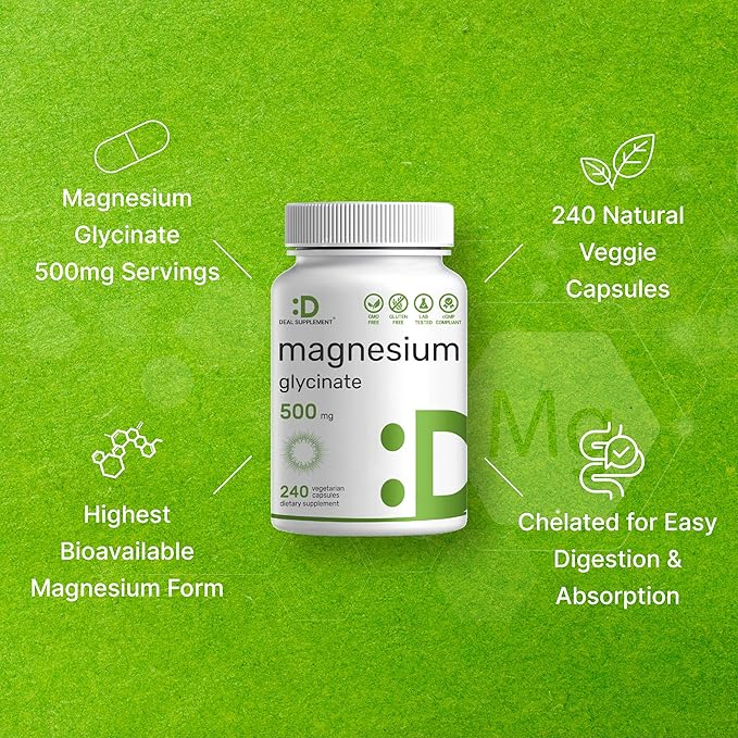 Deal Supplement Magnesium Glycinate 500mg, 480 Veggie Capsules | 100% Chelated for Easy Absorption | Essential Mineral Supplement | Non-GMO, Gluten-Free