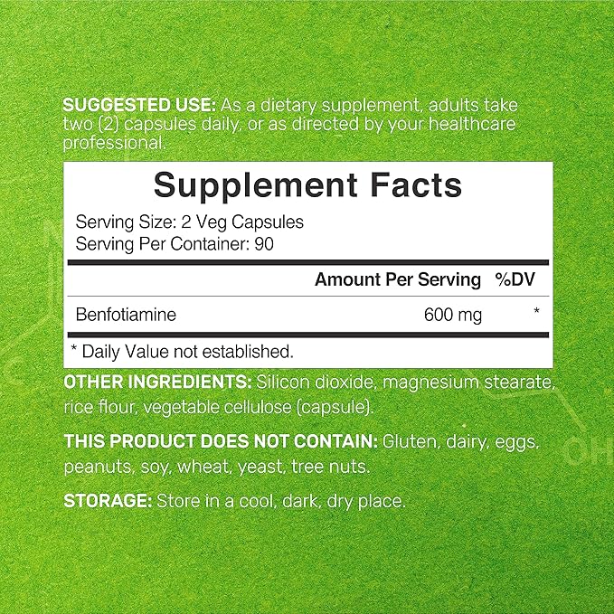 Benfotiamine 600mg Per Serving, 180 Veggie Capsules (300mg Per Cap) – Fat Soluble Vitamin B1 Thiamine Supplement – 3rd Party Tested, Vegan, Non-GMO, Gluten Free