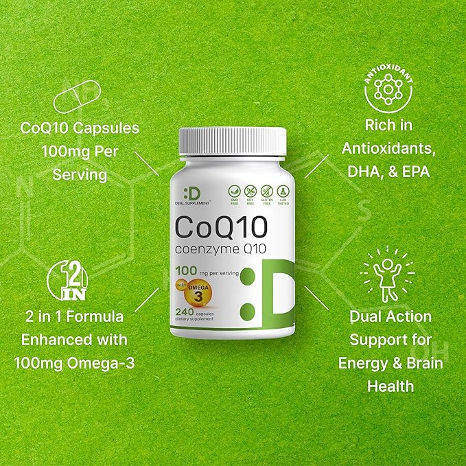 DEAL SUPPLEMENT CoQ10 100mg with Omega 3 100mg, 240 Capsules | Bioavailable Coenzyme Q10 Formula | Non-GMO