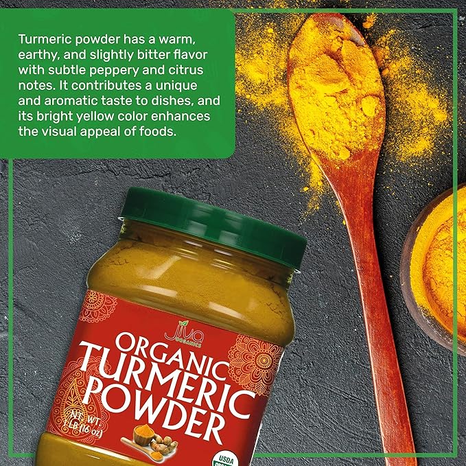 Organic Turmeric Powder 1 Pound Jar by Jiva Organics - 100% Raw with Curcumin - Lab Tested & Reports Available - Raw from India