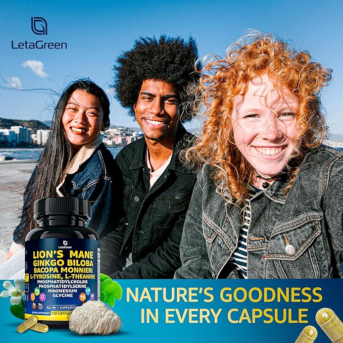 Organic Lions Mane Supplement Capsules - 240 Real Mushrooms Lion's Mane Capsules with Ginkgo Biloba Herb, Bacopa Monnieri, L Theanine, L Tyrosine - Mushroom Complex for Daily Wellness